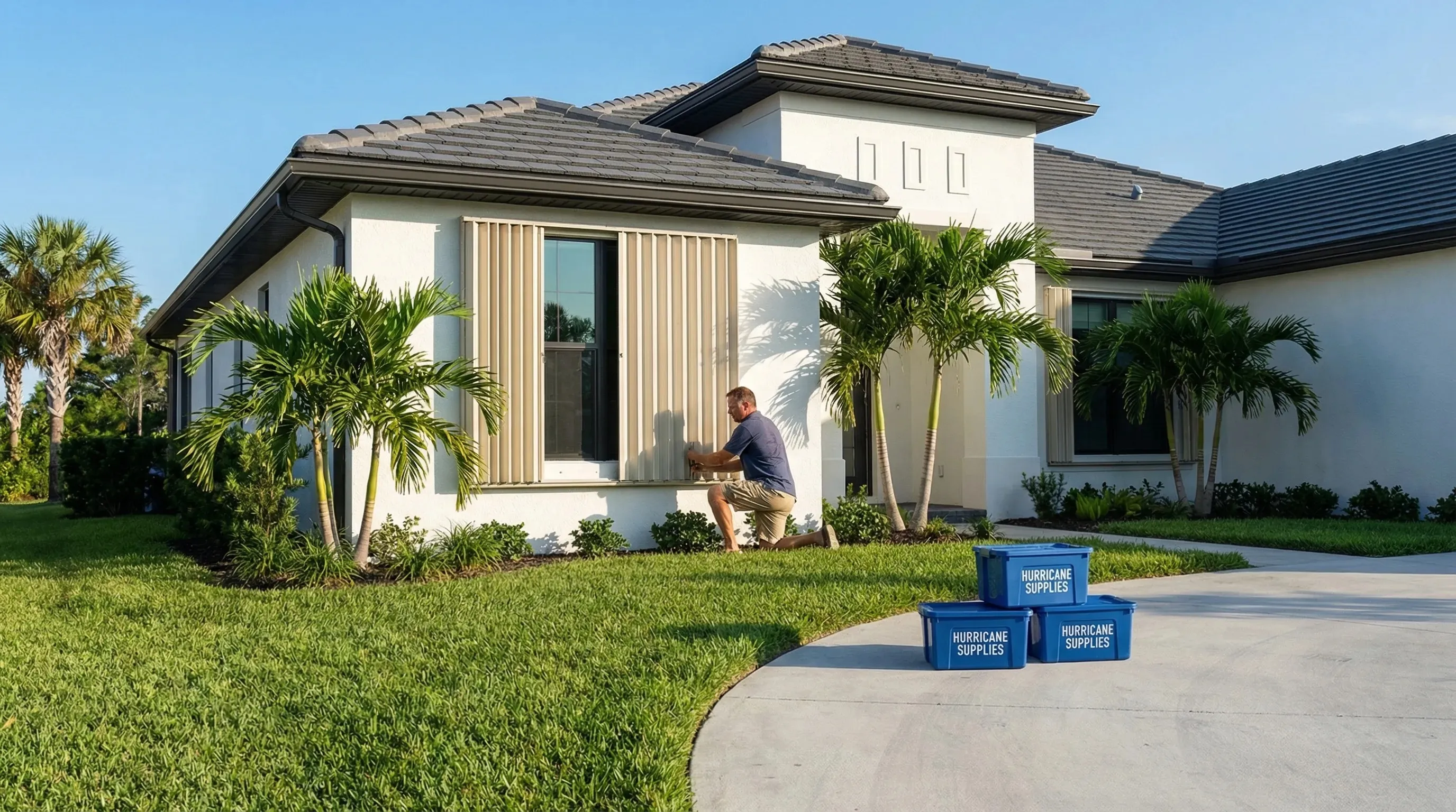 Charlotte County Florida home with hurricane shutters and palm trees under dramatic sky