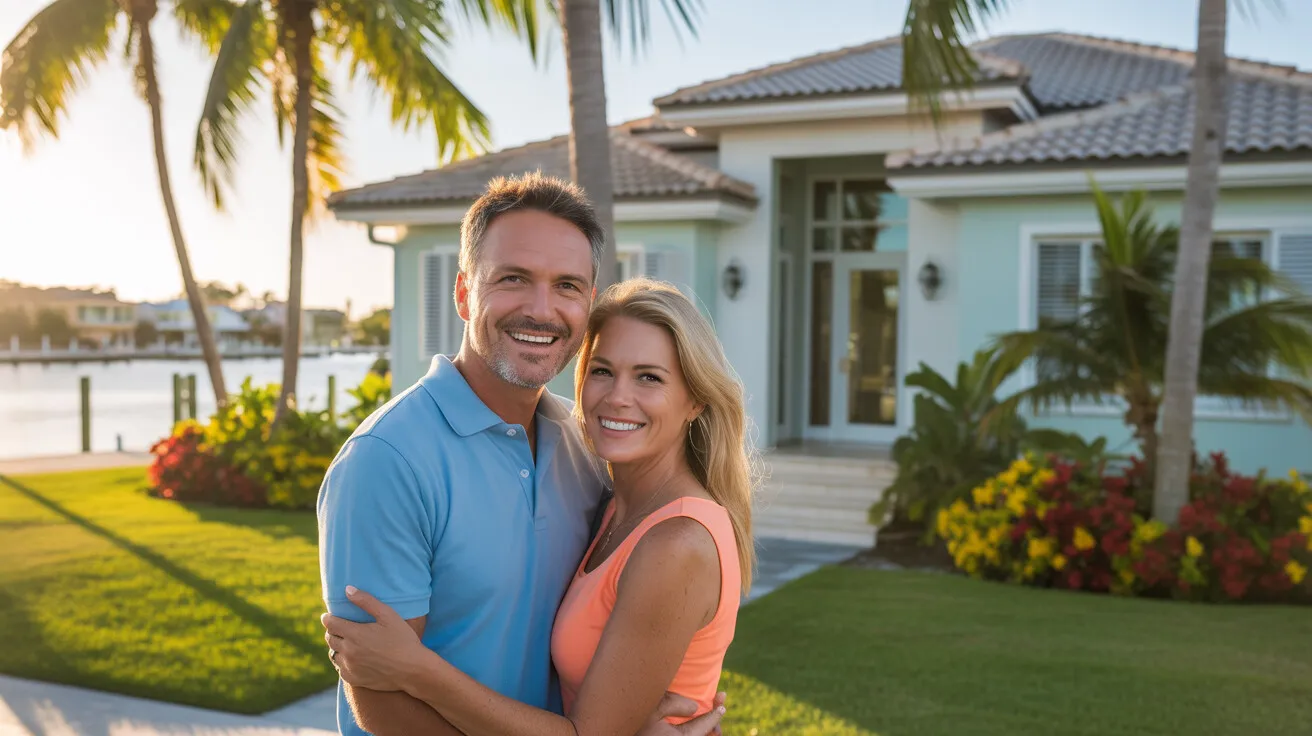 Happy Charlotte County Properties clients in front of their new Florida home